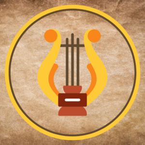 A yellow lyre surrounded by a yellow circle on a parchment background